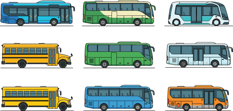 Set of diverse city transport vehicles including school bus intercity coach and modern electric shuttle isolated on white background