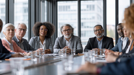 Fototapeta premium Corporate Meeting Success: Diverse Teamwork, Collaborative Leadership & Innovative Strategy Planning in a Supportive Workplace Environment