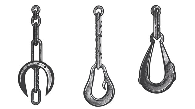 Three unique illustrations of metal hooks, each suspended from chains or looped connectors