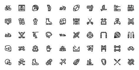 Extreme sports icon set. Minimal line vector pack. Featuring mountain bike, bungee jumping, kayak, parachute, helmet, surfboard, snowmobile, ski, jet ski, rafting, and more. © wang