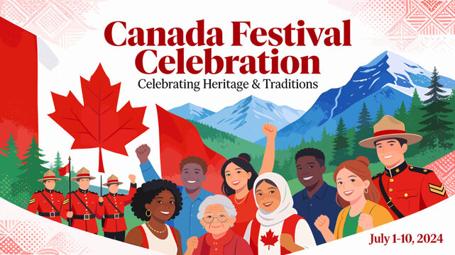 Canada Festival Celebration: Honoring Heritage and Traditions with Diverse People and Iconic Symbols.