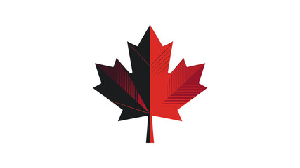 A striking graphic illustration of a maple leaf, vertically split with one half in dark black and the other in vibrant red, set against a clean white background. © Uchiha