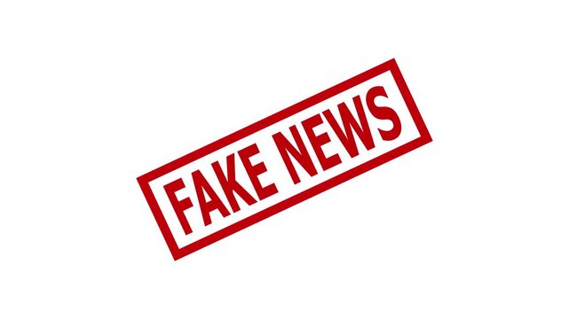 video animation red rubber stamp with fake news text, on a with background 