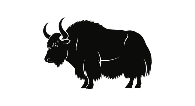Black silhouette of a yak on a white background, stylized illustration