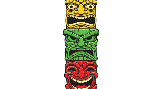 Three Face Tiki Totem Pole: Yellow, Green, Red Expressions on White Background