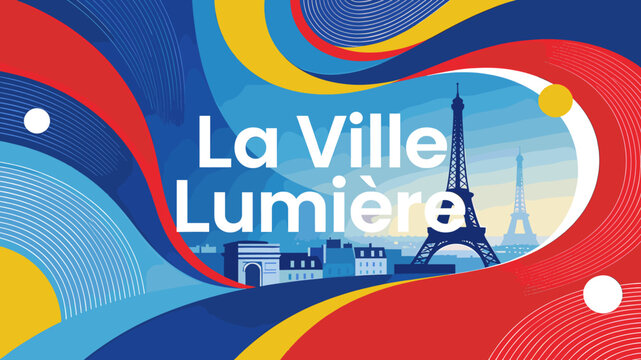 A vibrant, abstract illustration of Paris, featuring the Eiffel Tower and Arc de Triomphe silhouettes against a blue sky, with flowing red, blue, and yellow shapes, and 'La Ville Lumi&egrave;re' text.