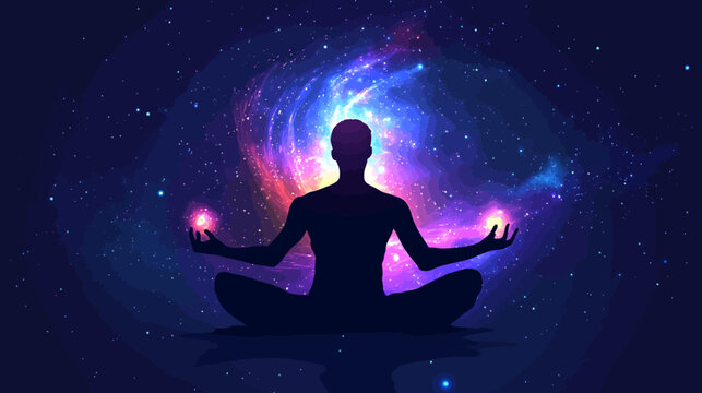 Silhouette of a person meditating in cosmic nebula with colorful galaxy