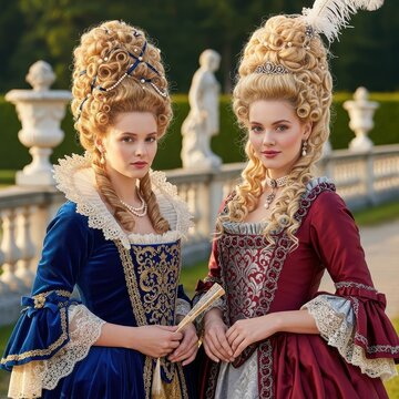 Two Elegant Women in Historical Rococo Dresses Posing Outdoors.