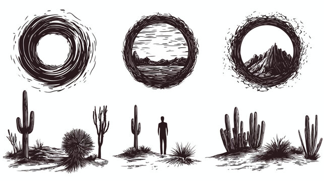 Monochrome illustration featuring desert scenes within circles and cacti with a figure on white