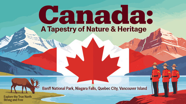 Canada: A Tapestry of Nature & Heritage, showcasing iconic landscapes, the Canadian flag, and the Royal Canadian Mounted Police.