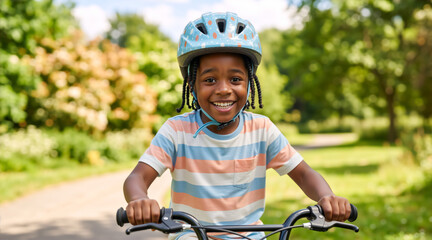 Obraz premium Young Black boy riding a bicycle in a sunny park. Happy child wearing a safety helmet and striped shirt cycling outdoors. Active childhood and healthy lifestyle concept