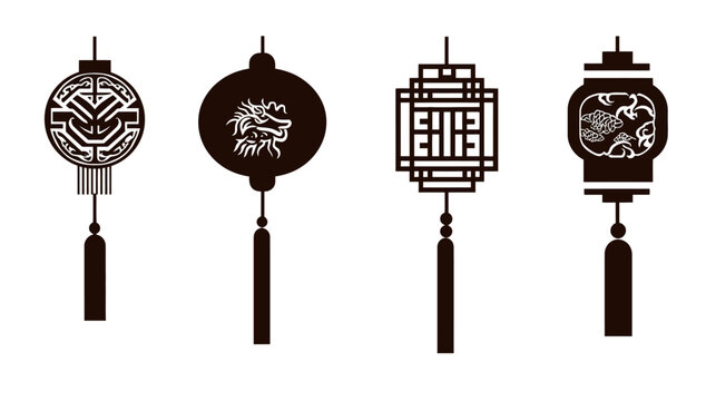 Four black and white stylized lanterns with different intricate patterns and tassel accents