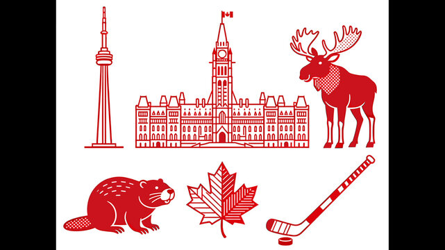 A collection of iconic Canadian symbols and landmarks, including the CN Tower, Parliament Building, moose, beaver, maple leaf, and hockey stick, rendered in red outline.