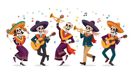 Day of the Dead Skeletons Dancing and Playing Music with Maracas and Guitars © firia