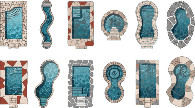 Swimming pool plan view collection, luxury garden pool vector set with diverse shapes and stone textures for site planning and landscape design