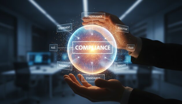 Businessman holding glowing compliance concept with governance, regulation, and standards, symbolizing corporate responsibility and regulatory adherence for business