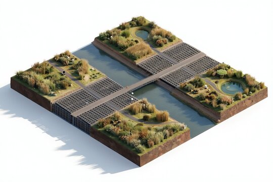 River delta model shows water management infrastructure with grids levees and wetland buffers. This eco friendly design helps control river flow and protect land from floods.