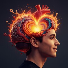Obraz premium Young man has creative mind with heart and brain connection. Abstract splash shows love passion emotion and positive thoughts. Ideas flow from head.