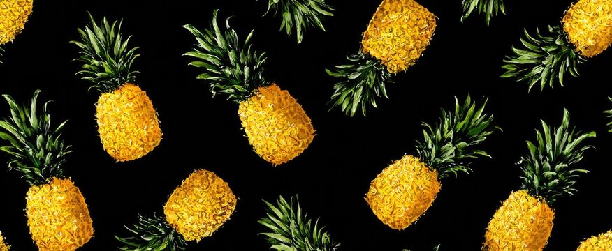 Repeating pattern of pineapples with green tops on a solid black background (1)