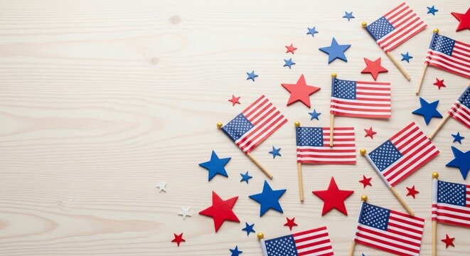 Mini American Flag Decorations With Stars Scattered On Light Wooden Surface
