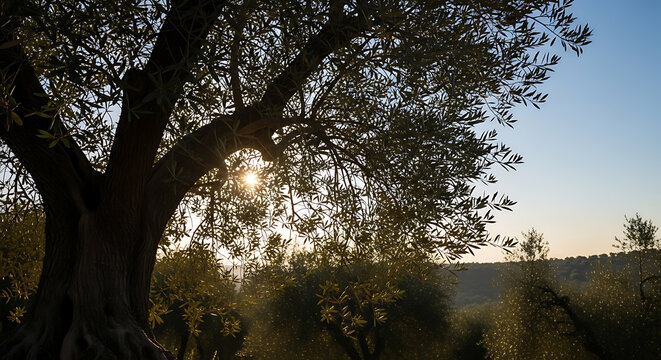 Olive tree silhouette against sunset sky on transparent background high quality professional
