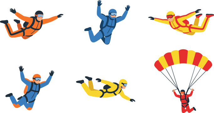 Skydiving and Parachuting Sports Vector Set with Freefall Jumpers, Extreme Adventure Athletes, and Colorful Parachute Action Illustrations