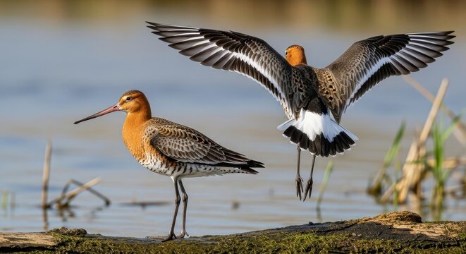 Two Black-tailed Godwits in Flight and Standing by Water.