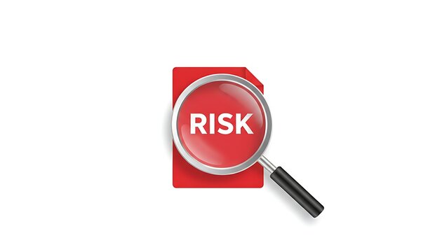 Magnifying glass on red folder with RISK text, symbolizing investigation and threat assessment for business security and finance
