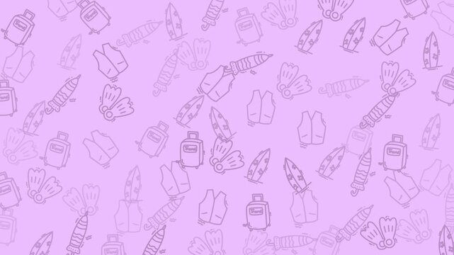 This purple pattern features cute travel doodles of suitcases surfboards and flippers.