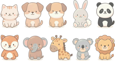 Fototapeta premium Cute cartoon animal set with cat, dog, rabbit, panda, elephant, giraffe, and lion in soft pastel style for kids design.