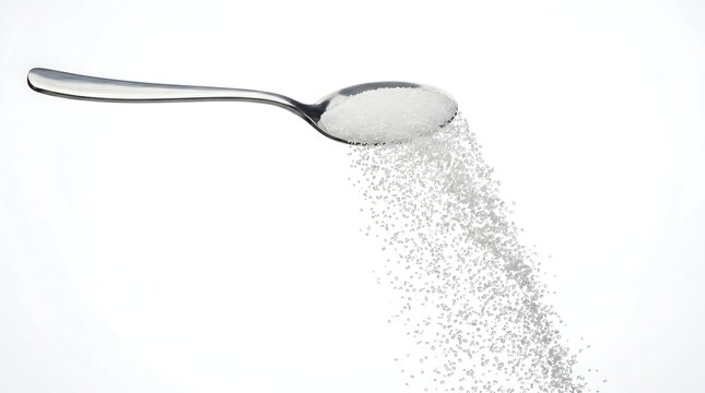Granulated white sugar falling from a stainless steel spoon over a white background.