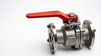 Obraz premium Industrial stainless steel flanged ball valve with a red lever handle designed for high pressure flow control in mechanical engineering systems.
