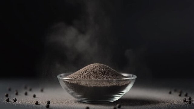 1.	Dramatic studio setup with deep black gradient background, black pepper powder cascading like dark sand into a transparent glass bowl, ultra slow-motion capture highlighting individual grains, subt