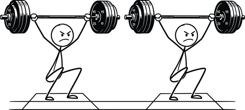 Stick Figure Weightlifter Vector Illustration Featuring Angry Cartoon Character Lifting Heavy Barbell Overhead for Gym, Bodybuilding, Workout, and Powerlifting Fitness Projects