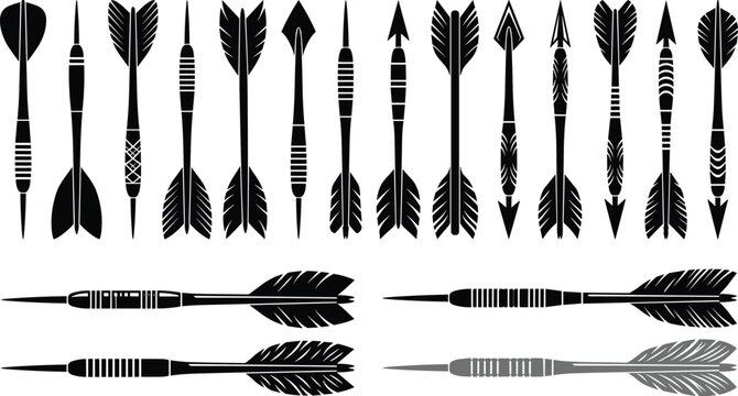 Vintage Black Silhouette Dart and Archery Arrow Vector Icon Set Featuring Diverse Feathers, Fletchings, and Sharp Broadhead Tips for Sports and Goal Targeting Graphic Designs