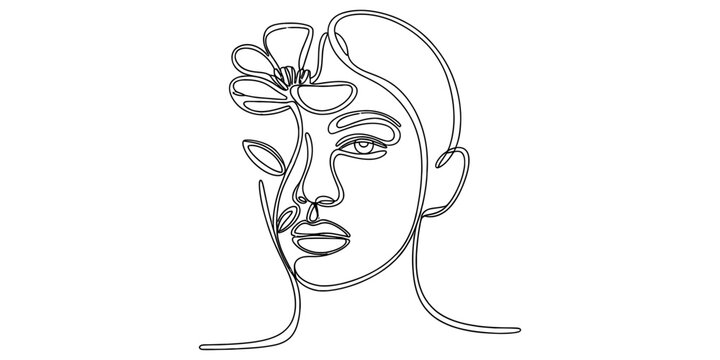 Minimalist continuous line drawing of a woman face with a flower botanical element artistic portrait illustration for modern home decor design