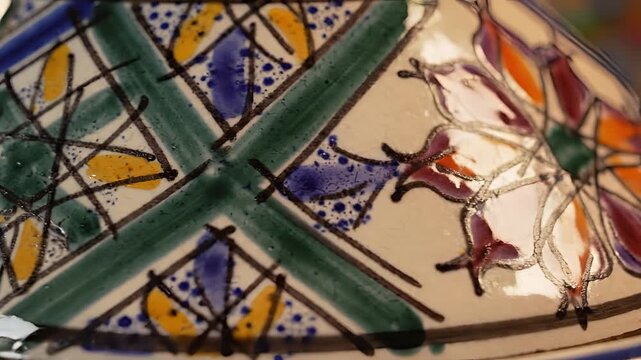 Closeup of a vibrantly painted ceramic tagine with intricate geometric patterns.