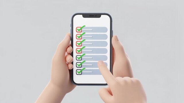 Person holding smartphone with checklist and completed tasks on screen with hand tapping the device
