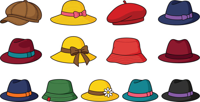Colorful Fashion Hat Collection Cartoon Vector Set Featuring Fedora Beret Bucket Sun and Casual Caps for Stylish Outfit Designs