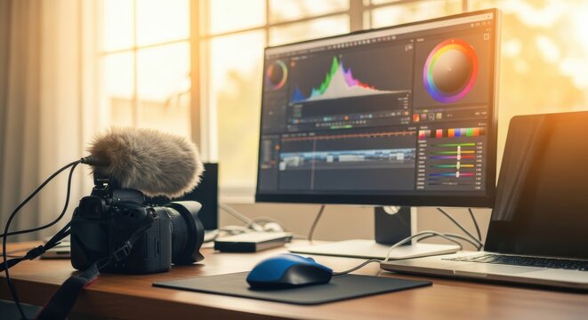 Professional Video Editing Workspace with Camera, Laptop, and Monitor