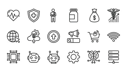 Fototapeta premium Medical and technology linear icon collection for healthcare digital transformation featuring diagnostic tools wellness symbols and advanced computing solutions for modern hospital management systems