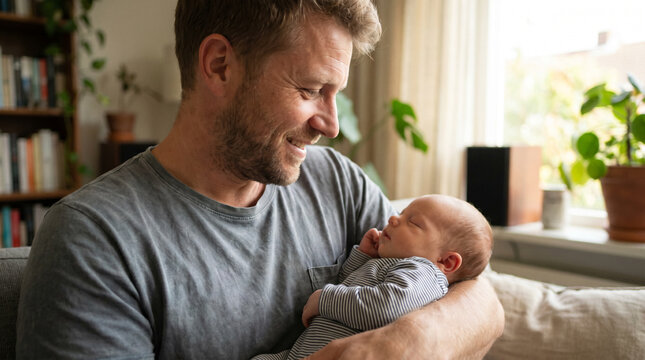 Father's Day celebration with Caucasian dad tenderly holding newborn baby in warm indoor home scene expressing unconditional love care bonding for family greeting cards
