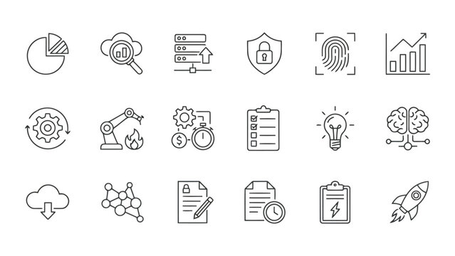 Comprehensive set of professional business and security icons featuring server uploads shield locks fingerprint scans and growth charts for corporate dashboard design and data analysis applications