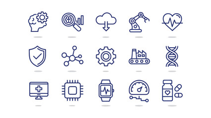 Fototapeta premium Medical and biotechnology line icon collection showcasing health analytics automation laboratory equipment and DNA structures for healthcare technology and diagnostic web interfaces