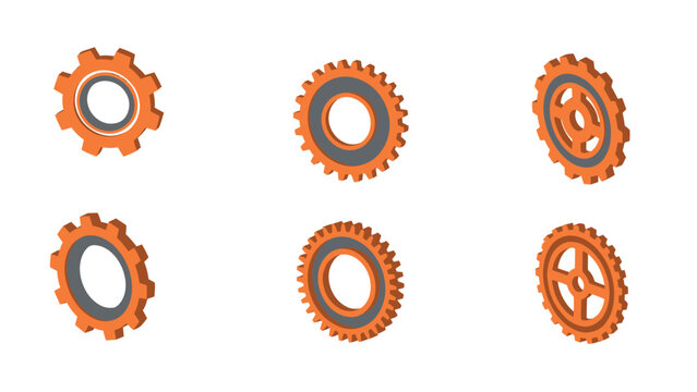 Set of six orange isometric gear icons isolated on a white background, representing machinery and engineering concepts.