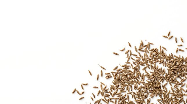 Heap of dried cumin seeds scattered on a clean white background with copy space.