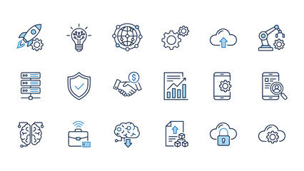 Set of modern blue and grey technology icons featuring cloud computing rocket ship business handshake and data network elements for digital interface design and web development projects © saijid