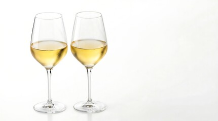 Fototapeta premium Two elegant glasses of chilled white wine standing on a reflective white surface against a minimalist white background.