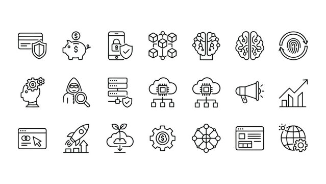 Professional set of thin line icons for cybersecurity financial analytics and digital business infrastructure isolated on white background