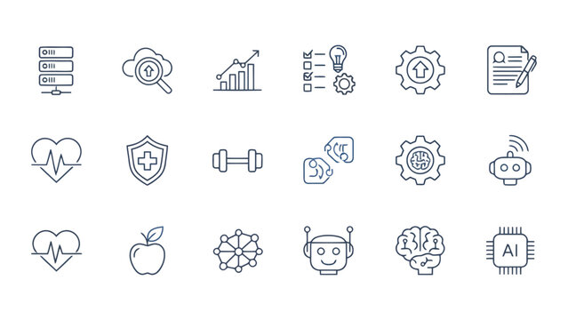 Modern professional icon set featuring cloud server growth chart checklist bulb gears document heart shield dumbbell business strategy brain ai and apple for web and app interface vector design